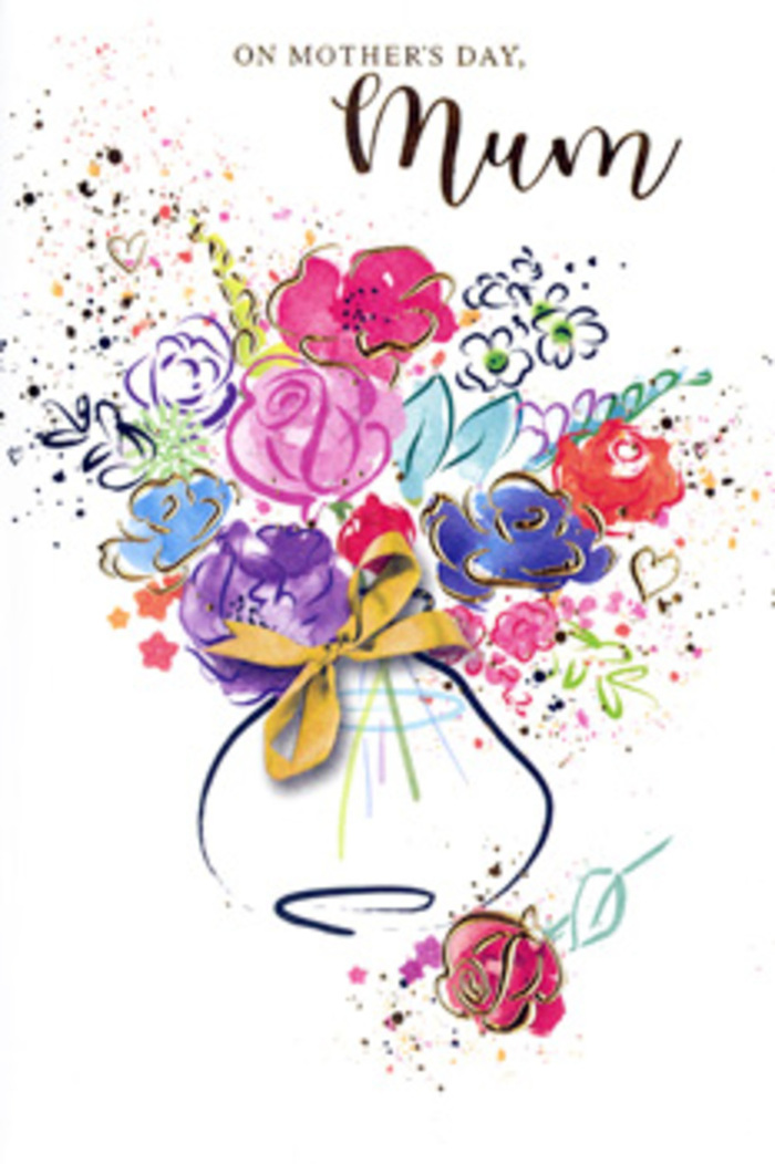 On this artistic Mother's Day card, a vividly painted bouquet seems to blossom straight out of the paper, reminiscent of the colourful displays seen in Richmond's boutique florists. Sweeping strokes of hot pink, cerise, and raspberry red suggest open roses and cheerful garden blooms, while pools of deep indigo and soft apricot give depth and contrast, like shadows and sunlight shifting through the trees at Terrace Gardens. Flecks of chartreuse hint at leaves and stems, lending a fresh, leafy vibrancy that balances the richness of the petals. Throughout the composition, fine lines and accents of gold trace the contours of flowers and foliage, giving them a soft shimmer, as if they'd been dusted with light. The bouquet is gathered in a whimsical vase at the base of the card, its curving shape anchored by a dainty golden bow that recalls the careful hand-tying and ribboning a skilled florist uses before a delivery heads out towards St Margarets or Ham. Around the bouquet, playful splatters, tiny hearts, and loose drifts of colour float across a bright white background, suggesting laughter, shared memories, and the affectionate chaos of family life. The whole design feels like a heartfelt sketch brought lovingly to life, at once spontaneous and considered. It becomes more than just a greeting; it's a keepsake you might display on a mantel overlooking Richmond Hill, a paper bouquet that holds the emotion of Mother's Day long after the real flowers have faded.