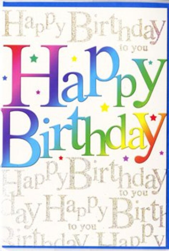 The image shows an elegant yet playful birthday card, propped so that you can take in every detail of its front cover. Dominating the centre is the phrase Happy Birthday, written in large, rounded letters that feel welcoming and full of personality. Each letter carries its own vibrant colour, moving in a smooth, almost velvety gradient from deep reds and pinks through tangerine, sunshine yellow, soft greens, turquoise blues, and finally into royal purples. The effect is similar to looking at a carefully graded bouquet arranged by a Richmond florist, where tones flow gently from warm to cool, much like the seasonal displays near Richmond station. The lettering appears slightly glossy, with a finish that would catch the light as you tilt the card, giving it the same gentle shimmer you see on fresh ribbon tied around a birthday bouquet. Behind this bold rainbow wording, the background is completely filled with fine lines of looping, handwritten script in a light metallic gold, repeating Happy Birthday to you in an even, rhythmic pattern. The writing is delicate and ornate, like a decorative border you might find on a treasured keepsake box. The metallic tone catches flickers of light, recalling the soft glow of late afternoon sun over Richmond Park. There is a faint suggestion of glitter woven into the design, not overpowering but enough to make the card feel festive and alive. The overall look is both modern and heartfelt, ideal for marking a special birthday with a card that feels as carefully chosen as a hand-tied bouquet delivered to a doorstep off Hill Street or Petersham Road.