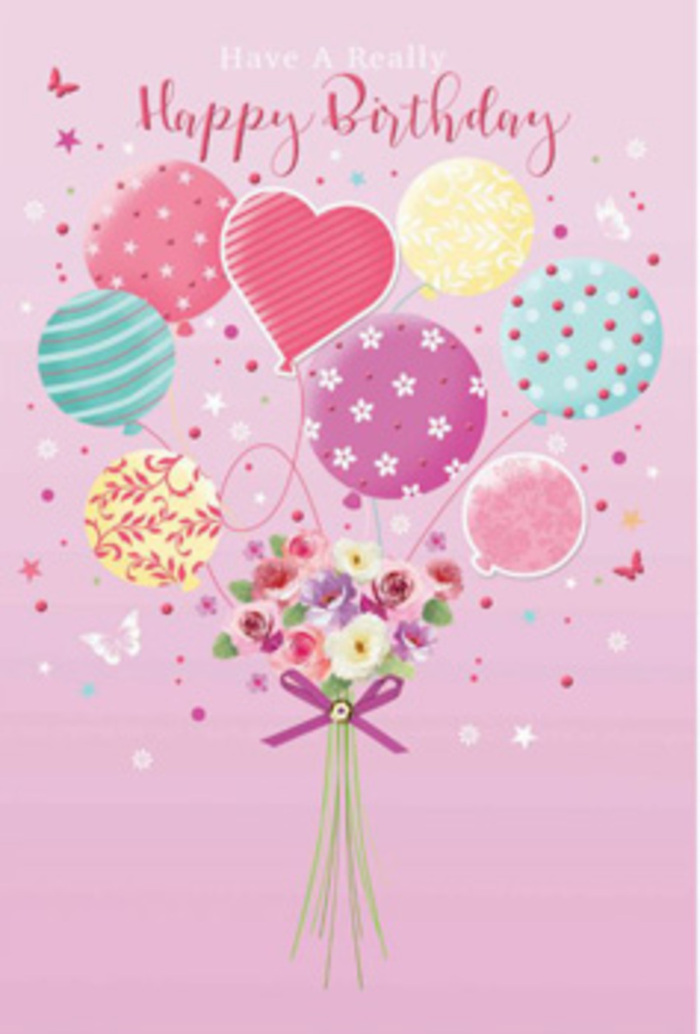 This enchanting birthday scene feels as if a little piece of Richmond sky has been captured and tied to a bouquet. A constellation of pastel balloons floats at the top of the image, their rounded shapes overlapping in layers of pale sunshine yellow, rosy fuchsia, lavender, and seafoam green. Each balloon is detailed with its own playful decoration-some wrapped in sweeping ribbon stripes, others sprinkled with tiny polka dots or adorned with soft floral motifs-creating a sense of joyful movement, like bunting fluttering above a party on Richmond Green. Suspended beneath them is a dainty hand-tied bouquet, featuring petite roses and daisy-like blooms with velvety petals that shade delicately from cream to blush rose, as if touched by early morning light over the Thames. The flowers gather into a gentle mound of texture and colour, their stems drawn together with a glimmering purple bow whose satin finish adds a refined touch. Around the balloons and bouquet, whimsical butterflies and star-like sparkles scatter across the soft pink background, evoking daydreams and childhood wishes whispered in the gardens near Terrace Field. The lighting in the illustration is tender and diffuse, highlighting the natural curves of petals and the glossy sheen of the balloons without overwhelming the senses. It feels like a birthday greeting created by a florist who knows Richmond's relaxed elegance, turning fresh blooms and pastel hues into a keepsake image that quietly says, You are cherished today, whether delivered for a birthday in Richmond itself or to loved ones in neighbouring Ham and St Margarets.