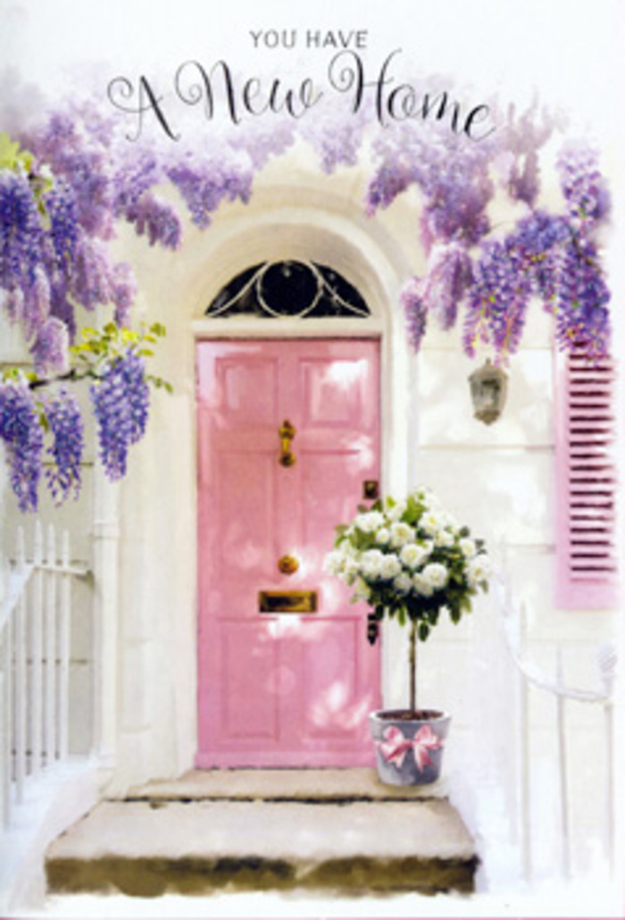 A charming Richmond doorway is dressed here like a quiet celebration, full of pastel colour and soft texture that instantly suggests fresh starts and cherished milestones. The front door, painted in a warm, dusty pink, stands at the centre of the scene, its tone a gentle echo of the playful house fronts found around Richmond Hill and the lanes leading towards the river. Above and around it, wisteria hangs in lavish, cascading trails, the blossoms rendered in shades of lavender, lilac, and pale violet. Each strand drops gracefully from unseen branches, forming a fragrant arch that frames the entrance, as though nature itself has crafted a garland of congratulations. The surrounding wall is whitewashed and lightly textured, catching the light in subtle highlights and shadows, while a single shutter painted in a softer, complementary pink balances the composition with quiet charm. At the doorstep, a florist's bucket in a muted grey metal stands proudly, its sturdy form softened by the abundance it carries. From its rim, plush white and creamy roses overflow, each bloom carefully placed so that their rounded petals touch and overlap like billowing clouds. Threads of fresh green foliage curl between the flowers, adding a hint of woodland freshness and drawing the eye deeper into the arrangement. Wrapped neatly around the bucket is a narrow pink ribbon tied in a tidy bow, its satin finish mirroring the soft sheen of the rose petals. The whole scene feels like a silent, heartfelt message left on the step - a floral embrace welcoming someone into a new Richmond home, expressing hope, gratitude, and the quiet thrill of crossing a new threshold for the very first time.