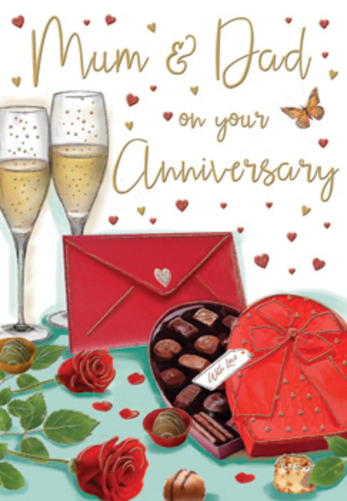 This illustrated anniversary card feels like stepping into a private celebration in a Richmond home, where every element has been chosen to honour years of shared memories. The scene is set on a warmly lit tabletop, perhaps reminiscent of a dining room near Richmond Green, its surface softly reflecting the colours above. In the foreground, plush red roses lie casually yet gracefully, their velvety petals opening out in spirals of rich crimson, as if freshly arranged by a careful hand. Their leaves are a deep, glossy green, veined and slightly curled at the edges, adding texture and the suggestion of living, breathing nature. Just alongside, a heart-shaped box of chocolates becomes the centre of delicious attention: its casing a bold red, tied with an extravagant ribbon that loops into a perfect bow. The lid is tilted back to reveal rows of dark and milk chocolates, each piece shaped and shaded to suggest creamy fillings and crunchy surprises. Two elegant champagne flutes stand behind them, almost touching, brimming with pale gold bubbles that rise in tiny streams, catching imagined candlelight like the flicker of an anniversary supper along the river. Scattered golden and crimson hearts drift across the background, overlaying soft washes of cream and warm beige, giving the card a dreamy, celebratory atmosphere. To the side, a scarlet envelope rests partly under the roses, suggesting a heartfelt card or love letter tucked inside, perhaps ordered from a favourite local shop like Flower Delivery Richmond along Hill Street. The entire composition speaks of togetherness, gentle indulgence, and the quiet joy of marking another year side by side in this leafy corner of London.
