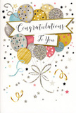 This congratulations card is depicted as a carefully crafted celebration in paper form, reminiscent of a joyful gathering in a Richmond café after good news is shared. At its centre is a lush, balloon-like bouquet, with rounded shapes overlapping in shades of warm gold, cool silver, champagne, misty blue, soft blush pink, and gentle grey. Each balloon carries its own personality: some are decorated with tiny starry constellations, others with fine glittering stripes or subtle speckles, all rendered with a metallic shimmer that suggests texture and depth. They appear to be rising slowly together, their delicate ribbons and fine golden cords trailing down and intertwining in a loose, decorative knot, almost like the stems of an elegant floral arrangement. Surrounding the balloons, tiny stars, swirling ribbons, and confetti-style dots float across a pale background, creating the impression of movement, as if a soft breeze were stirring the decorations. A graceful banner sweeps across the middle, outlined in shimmering ink and bearing the words Congratulations To You in stylish, flowing script that feels both warm and polished. The lighting on the card enhances the gentle sparkle, giving it a soft glow rather than a harsh shine. The result is an atmosphere of proud, heartfelt celebration, suitable for everything from exam success to a long-awaited promotion. It's the sort of card you might choose to partner with a hand-delivered bouquet from a Richmond florist, sending it to homes near Richmond Hill, along the lanes heading towards Petersham, or in the leafy roads around Richmond Green whenever you want to share genuine delight in someone's achievement.
