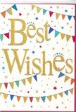 A beautifully festive Best Wishes card fills the frame, its design radiating the gentle excitement of a celebration, much like the atmosphere on a sunny afternoon by the River Thames in Richmond. At its heart, the phrase Best Wishes is written in generous, curling gold script, the letters slightly embossed so they catch subtle highlights and shadows as the light moves across them. The gold has a soft, glitter-like richness, giving the message a tactile, almost hand-gilded quality that suggests care and thoughtfulness. Surrounding this central text, strings of colourful bunting sweep in gentle arcs from side to side. Each tiny flag is triangular, neat, and crisply defined, dressed in vivid colours-bright blues, warm reds, lively greens, cheerful yellows-some with stripes, others dotted or patterned to add visual interest. These bunting strands mimic the look of party decorations strung across a community street in Richmond during a local festival, instantly evoking joy and togetherness. Sprinkled around the design, small stars and round dots in coordinating colours float against the clean white background, like confetti frozen just as it begins to fall. The spacing between elements is carefully balanced, so the card feels lively yet uncluttered, allowing the eye to rest on the gold lettering while still enjoying the playful details. The overall mood is upbeat and hopeful, ideal for celebrating new jobs, exam results, engagements, or any milestone that calls for a warm, sincere message. Paired with fresh flowers from a Richmond florist, this card becomes a charming finishing touch to send happiness and encouragement to someone special.