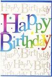 A richly festive birthday card is displayed upright, its design radiating the feeling of a small celebration captured on paper. The central focus is the phrase Happy Birthday, set in large, clean, and rounded letters that stretch confidently across the front. Each character is coloured in a luminous gradient, blending from cherry and raspberry reds into bright orange, lemon yellow, soft lime, aqua, and deep violet, much like a row of carefully arranged blooms shifting in hue along a Richmond florist's workbench. The finish on the letters looks smooth and slightly reflective, so you can imagine them glowing softly under the kind of gentle indoor lighting you might find in a Richmond Hill living room before guests arrive. Behind this striking rainbow text, the entire background is patterned with lines of looping cursive script in a pale, metallic gold, repeating the words Happy Birthday to you again and again. The handwriting is fine and graceful, almost like notes in a journal, yet the metallic ink gives it a subtle, sparkling lift, reminiscent of fairy lights twinkling in a garden near Marble Hill Park. Tiny hints of glitter or reflective accents appear to be scattered throughout the background, catching light from different angles and adding to the card's sense of movement and joy. The overall composition balances bold colour with delicate detail, creating a card that feels both cheerful and thoughtfully designed, the sort you might choose in a local Richmond shop when you want your birthday wishes to feel as bright and memorable as a bouquet delivered for same-day celebration.