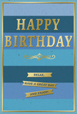 A serene birthday card in harmonising shades of blue and gold is shown in close detail, its design radiating calm celebration much like a peaceful morning in Richmond before the shops open along the high street. The background is built from wide horizontal stripes of blue that shift gradually in tone-from deep, almost midnight at the top, through gentle teal, down to a soft, airy sky blue at the bottom. These layers create a subtle depth, as though you're looking at bands of distant horizons. In the centre, the greeting HAPPY BIRTHDAY is embossed in bold, uppercase gold lettering, each letter slightly raised and gleaming with a metallic sheen. The gold has a soft, brushed quality, catching reflections as if from a nearby window overlooking Richmond Green. Nestled beneath, a graceful golden flourish curves horizontally, delicate and slightly ornate, adding just a hint of vintage character. Three slim golden banners line up underneath, each ribbon-like strip embossed with the friendly instruction: Relax, have a great day and enjoy! Their message feels as unhurried as a leisurely brunch in one of Richmond's café-lined side streets. A fine gold border edges the card, forming a neat rectangle that frames the blues and draws the eye inward. The card stock looks thick and smooth, inviting to hold, with the combination of matte blues and reflective gold offering a sophisticated play of textures. You can easily imagine this card standing beside a hand-tied bouquet on a windowsill in a Richmond home, adding a quiet but unmistakable note of birthday joy.
