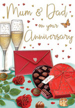 This detailed anniversary card illustration tells the story of two people savouring a special evening in Richmond, with every object on the card contributing to that sense of shared celebration. At the centre, two red roses are drawn with a florist's eye for detail: their petals densely layered and softly curved, shifting from deep wine red at the heart to bright scarlet at the edges. Their stems and leaves extend outward, bringing natural movement and a fresh, garden-like feel, as though they'd just been carried in from a walk through Terrace Gardens. Next to the roses, a heart-shaped box of chocolates, rich red and perfectly tied with a generous bow, sits open, showing carefully arranged chocolates that glisten softly under the light. A couple of chocolates lie just outside the box, lending a sense of spontaneity and real life to the otherwise composed scene. Behind this, two tall champagne flutes stand close together, filled almost to the brim with golden fizz; the bubbles rise in fine streams, suggesting that a toast has just been poured for an intimate anniversary dinner. Delicate gold and crimson hearts float across the warm, cream-toned background like confetti drifting slowly down, infusing the card with energy and affection. In the foreground, a vivid red envelope lies ready to be opened, perhaps carrying a message written earlier that day after a stroll through Richmond Park. The overall colour palette of rich reds, soft golds, and gentle neutrals creates an atmosphere of warmth, romance, and gratitude. As a florist regularly creating anniversary arrangements for couples across Richmond, this image feels like a visual bouquet: lush, sweet, sparkling, and devoted entirely to love.